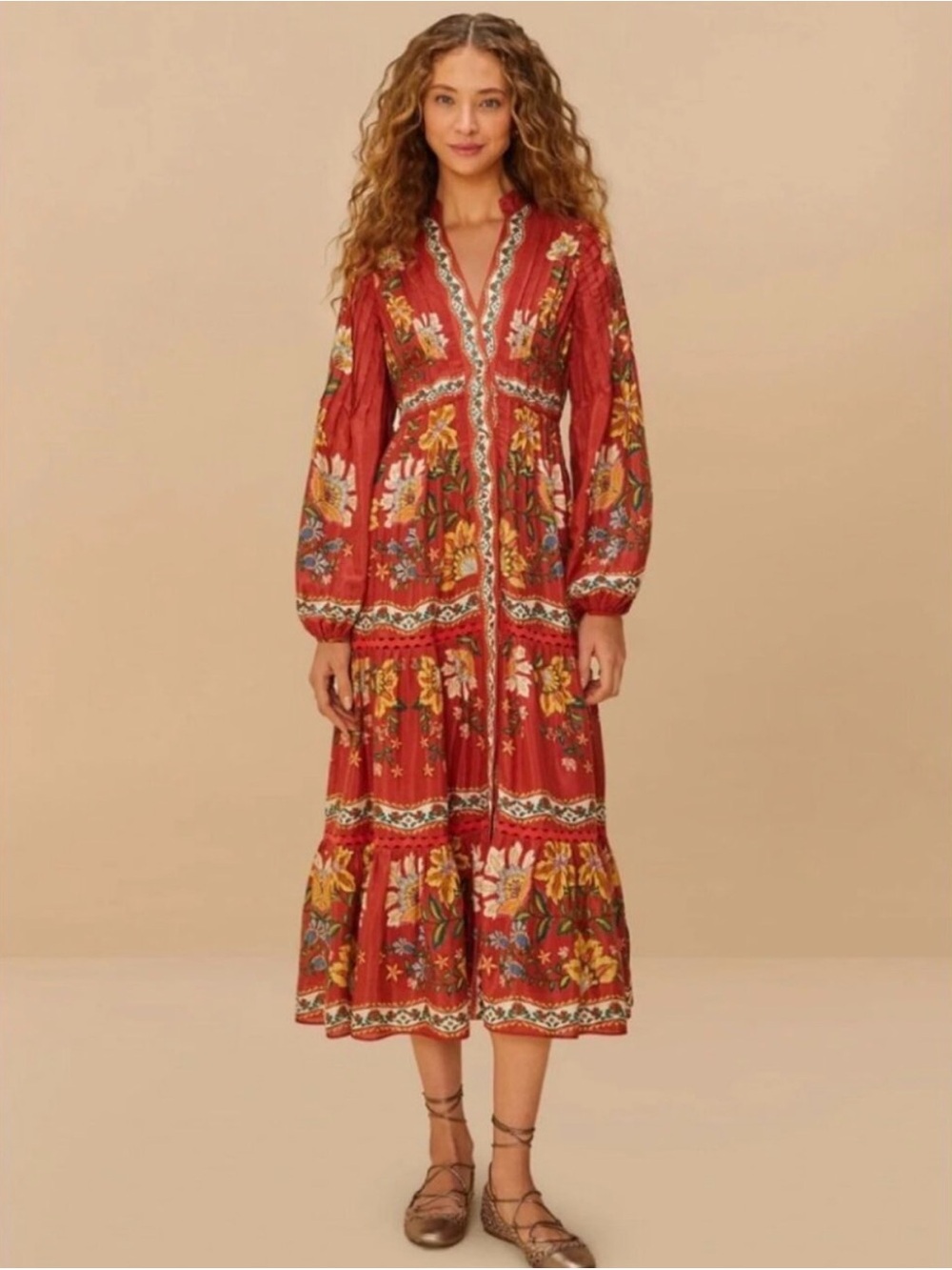 Farm Rio Red Garden Delight Long Sleeve Midi Dress - Small - NWT